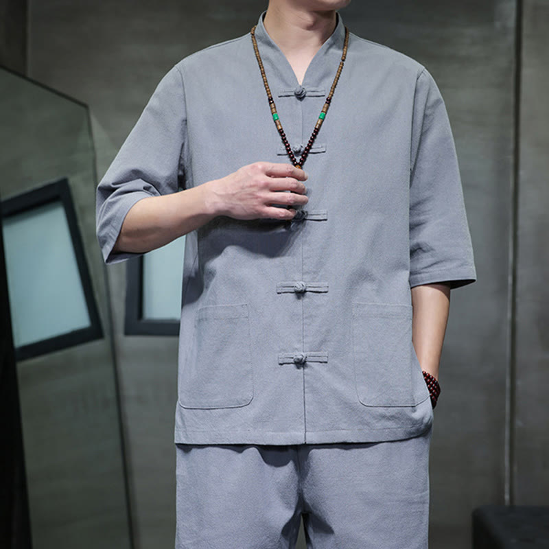 Buddha Stones 2点セット 唐装 カエルボタンデザイン シャツパンツ ポケット付き メンズ コットンリネン 瞑想用布セット - image 35