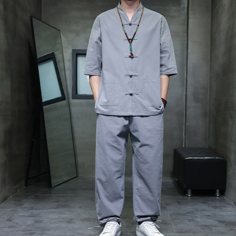 Buddha Stones 2点セット 唐装 カエルボタンデザイン シャツパンツ ポケット付き メンズ コットンリネン 瞑想用布セット - image 30