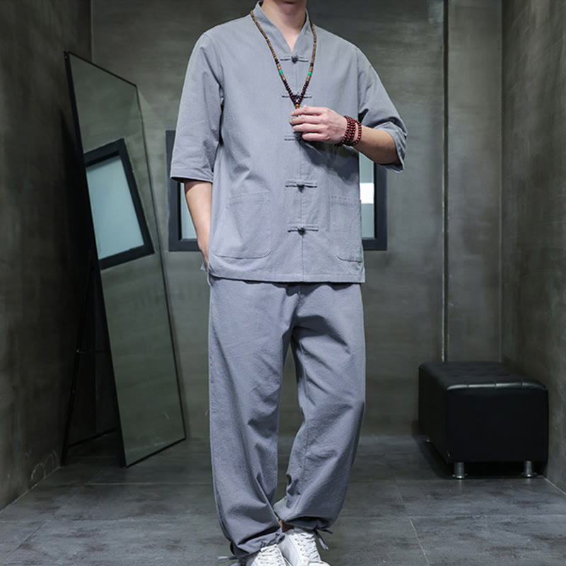 Buddha Stones 2点セット 唐装 カエルボタンデザイン シャツパンツ ポケット付き メンズ コットンリネン 瞑想用布セット - image 31