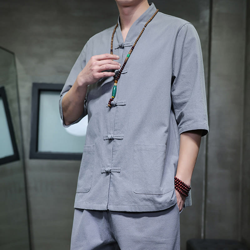 Buddha Stones 2点セット 唐装 カエルボタンデザイン シャツパンツ ポケット付き メンズ コットンリネン 瞑想用布セット - image 36