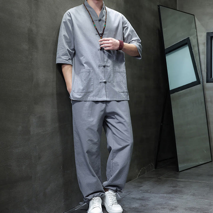 Buddha Stones 2点セット 唐装 カエルボタンデザイン シャツパンツ ポケット付き メンズ コットンリネン 瞑想用布セット - image 33