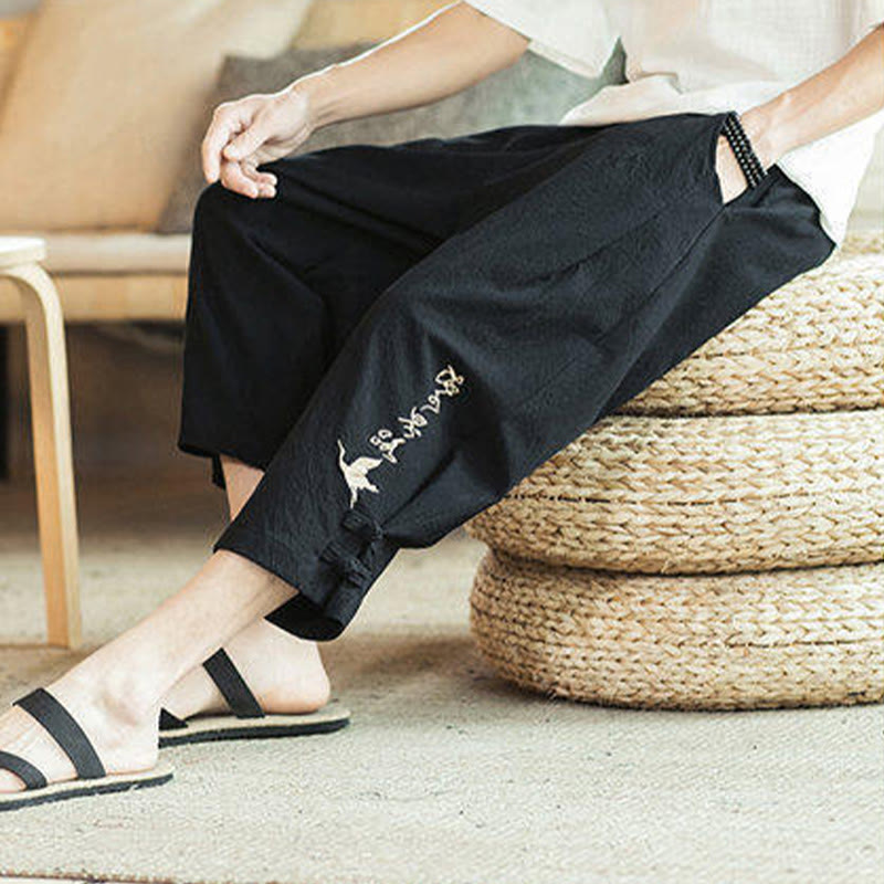 Buddha Stones鶴 刺繍 コットン メンズ クロップド ハーレムパンツ ポケット付き - image 27