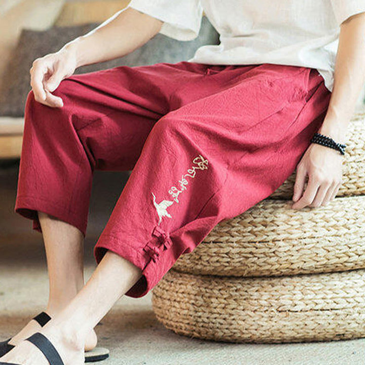 Buddha Stones鶴 刺繍 コットン メンズ クロップド ハーレムパンツ ポケット付き - image 36