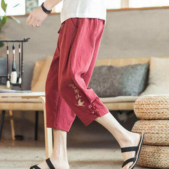 Buddha Stones鶴 刺繍 コットン メンズ クロップド ハーレムパンツ ポケット付き - image 38