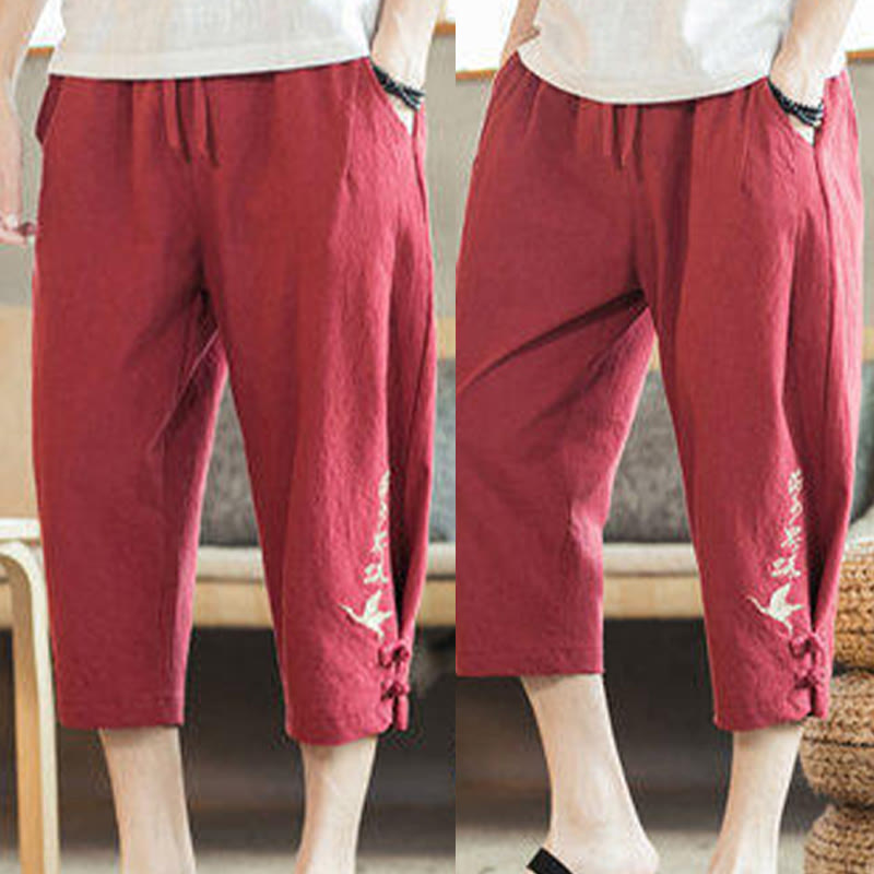 Buddha Stones鶴 刺繍 コットン メンズ クロップド ハーレムパンツ ポケット付き - image 34