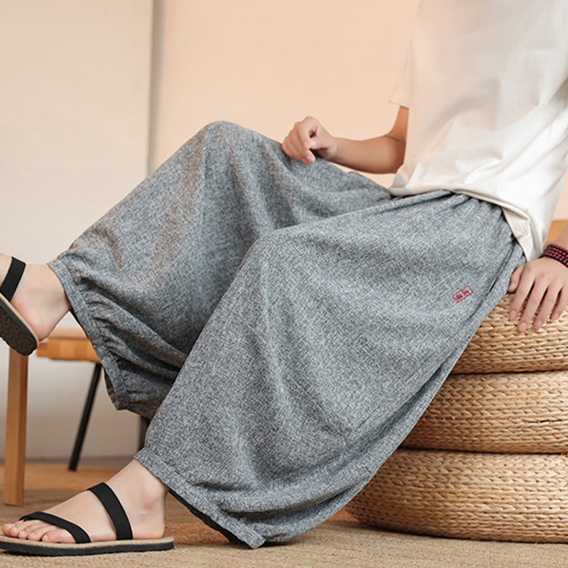 Buddha Stones夏 キャラクター 刺繍 ドローストリング メンズ クロップド アンクル丈 ハーレムパンツ ポケット付き