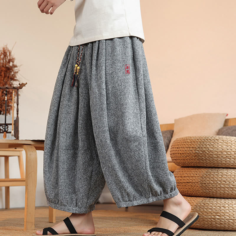 Buddha Stones夏 キャラクター 刺繍 ドローストリング メンズ クロップド アンクル丈 ハーレムパンツ ポケット付き