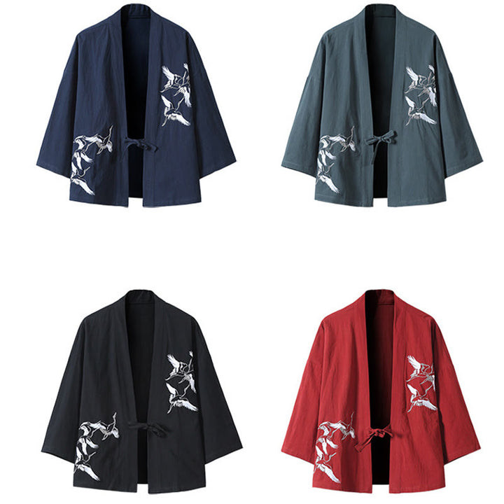 Buddha Stones刺繍 飛翔白鶴 コットンリネン オープンフロントジャケット メンズ着物 - image 17