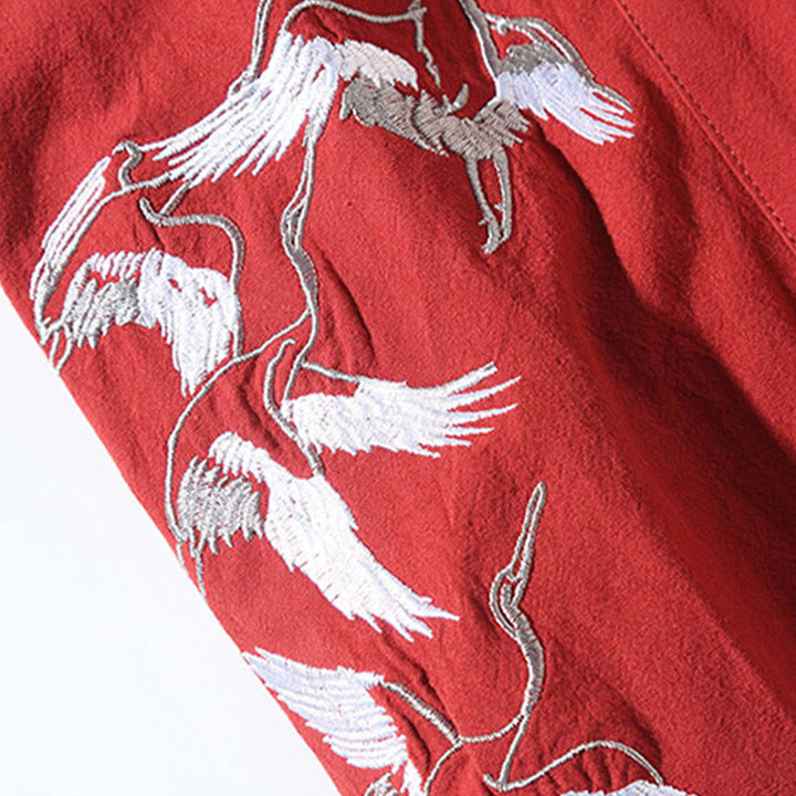 Buddha Stones刺繍 飛翔白鶴 コットンリネン オープンフロントジャケット メンズ着物 - image 9