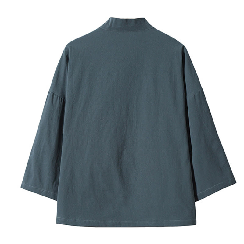 Buddha Stones刺繍 飛翔白鶴 コットンリネン オープンフロントジャケット メンズ着物 - image 1