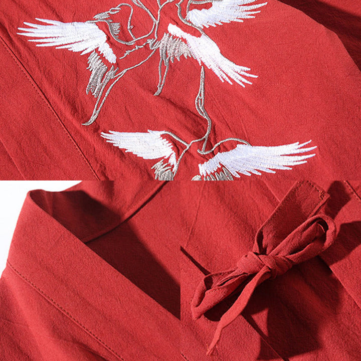 Buddha Stones刺繍 飛翔白鶴 コットンリネン オープンフロントジャケット メンズ着物 - image 12