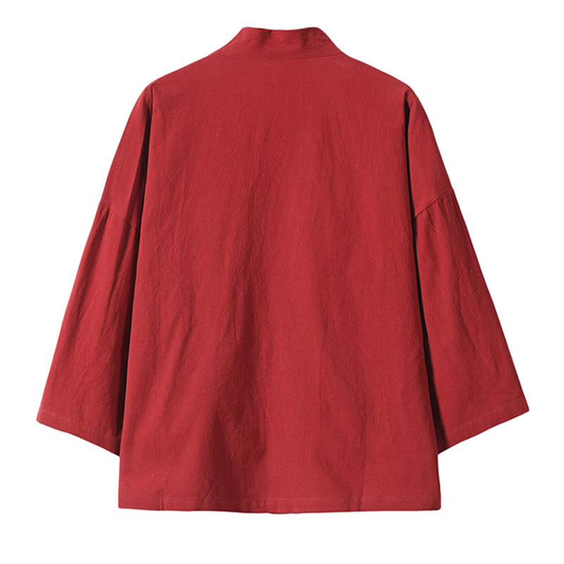 Buddha Stones刺繍 飛翔白鶴 コットンリネン オープンフロントジャケット メンズ着物 - image 3