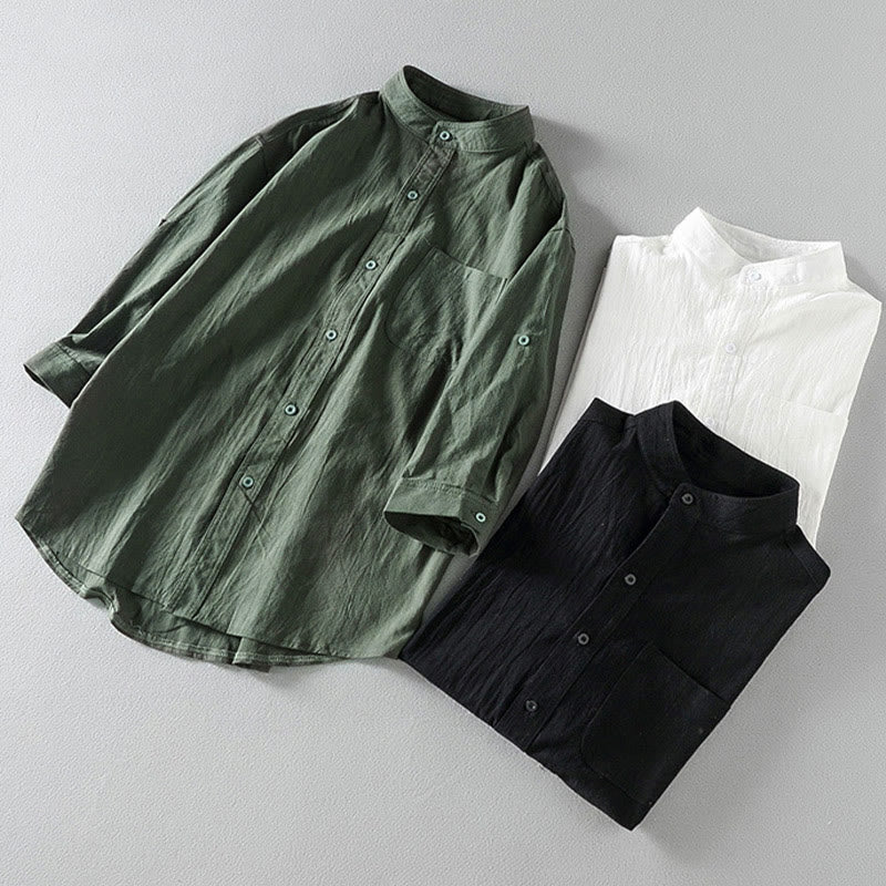 Buddha Stones夏用 無地 メンズ ボタン 半袖 コットンリネン シャツ - image 17