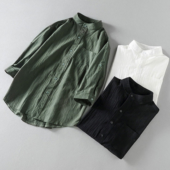 Buddha Stones夏用 無地 メンズ ボタン 半袖 コットンリネン シャツ - image 17