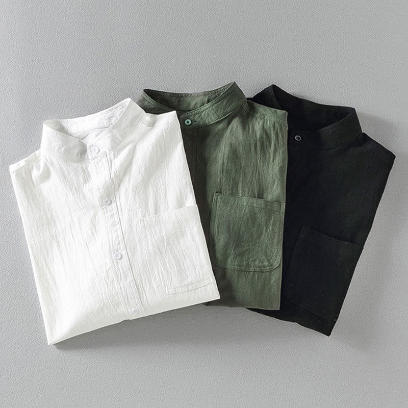 Buddha Stones夏用 無地 メンズ ボタン 半袖 コットンリネン シャツ - image 1