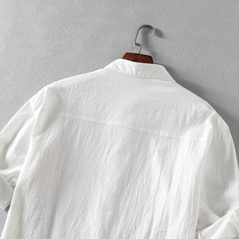 Buddha Stones夏用 無地 メンズ ボタン 半袖 コットンリネン シャツ - image 5