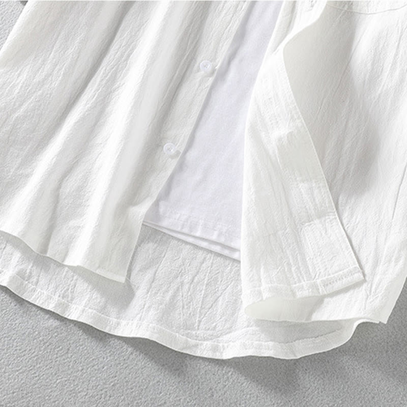 Buddha Stones夏用 無地 メンズ ボタン 半袖 コットンリネン シャツ - image 11