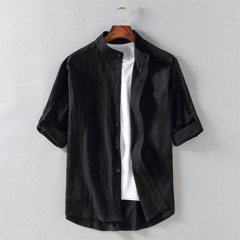 Buddha Stones夏用 無地 メンズ ボタン 半袖 コットンリネン シャツ - 黒 - US/UK/AU46、 EU56 (5XL) - image 0