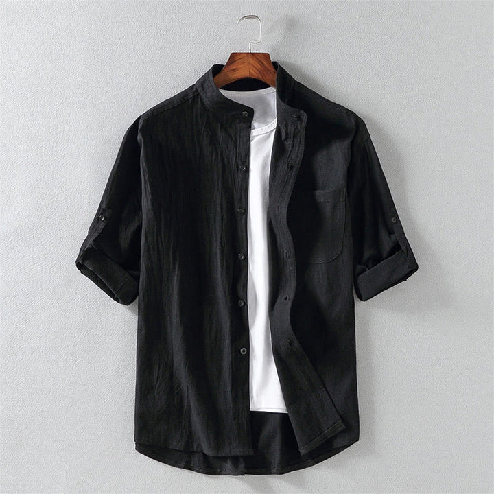 Buddha Stones夏用 無地 メンズ ボタン 半袖 コットンリネン シャツ - 黒 - US/UK/AU46、 EU56 (5XL) - image 0
