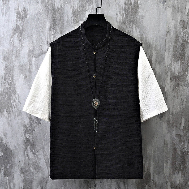 Buddha Stones夏 パッチワーク カラーデザイン メンズ 半袖 コットンリネン シャツ - 黒 - US/UK/AU48、 EU58 (6XL) - image 2