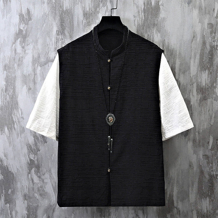 Buddha Stones夏 パッチワーク カラーデザイン メンズ 半袖 コットンリネン シャツ - 黒 - US/UK/AU48、 EU58 (6XL) - image 2