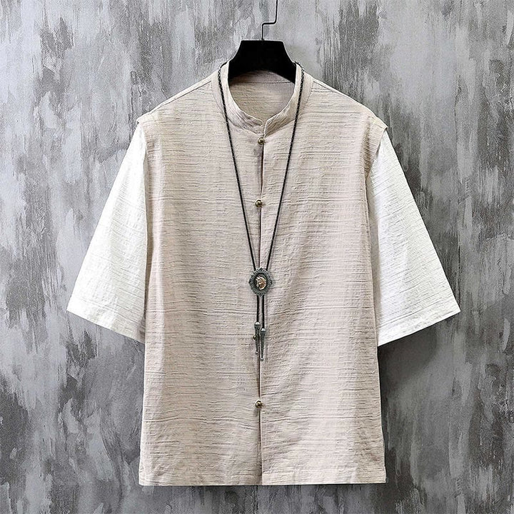 Buddha Stones夏 パッチワーク カラーデザイン メンズ 半袖 コットンリネン シャツ