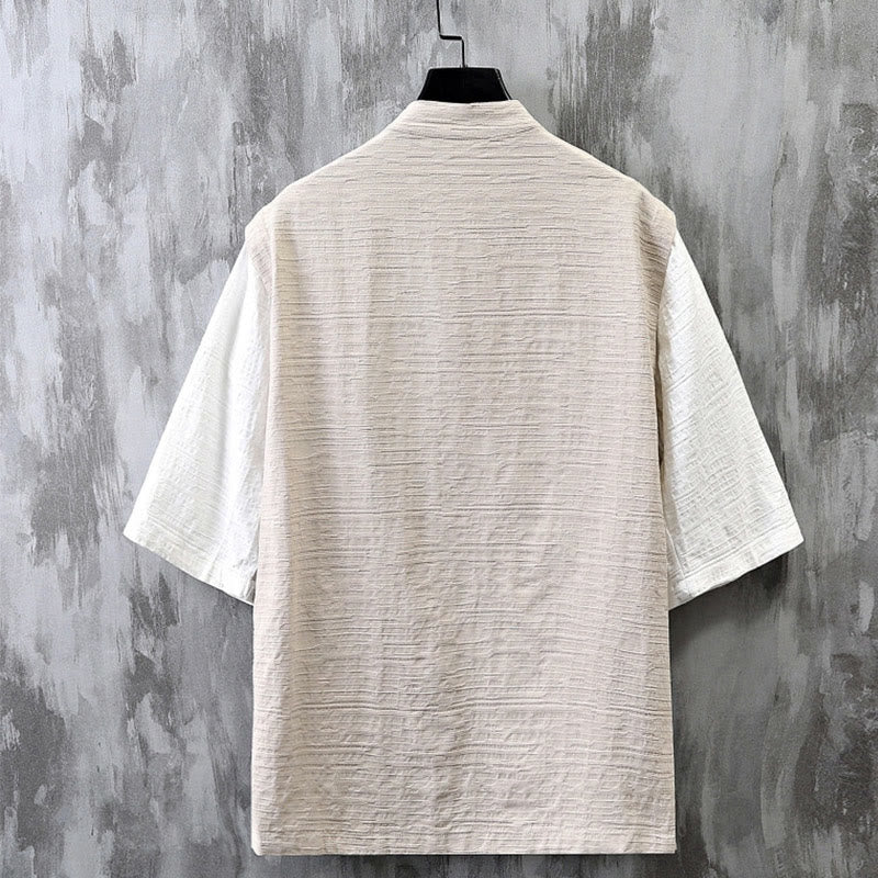 Buddha Stones夏 パッチワーク カラーデザイン メンズ 半袖 コットンリネン シャツ