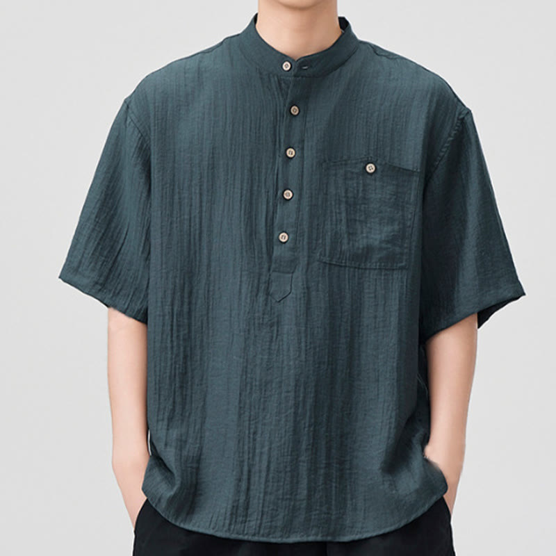 Buddha Stones夏 無地 ハーフボタンデザイン メンズ 半袖シャツ - ライトスレートグレー - US/UK/AU44、 EU54 (4XL) - image 0