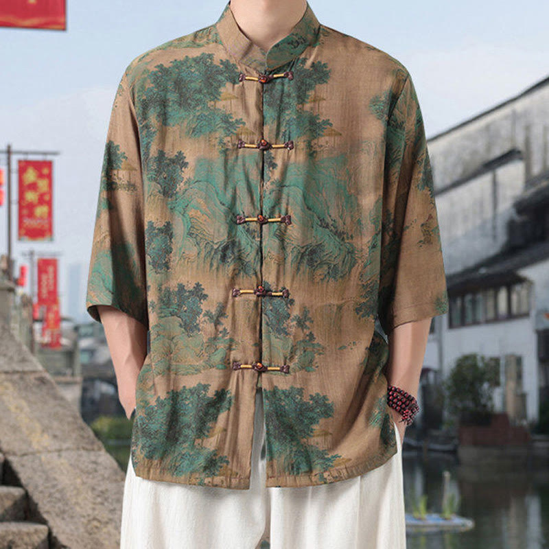 Buddha Stones、龍、吉兆の雲、緑の山々、中国のカエルボタンのメンズ半袖コットンリネンシャツ