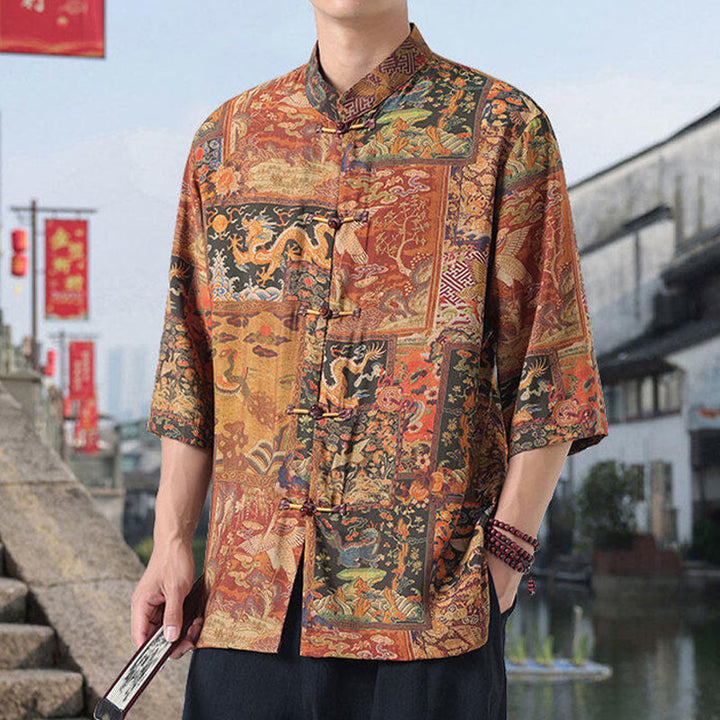 Buddha Stones、龍、吉兆の雲、緑の山々、中国のカエルボタンのメンズ半袖コットンリネンシャツ