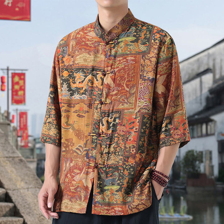 Buddha Stones、龍、吉兆の雲、緑の山々、中国のカエルボタンのメンズ半袖コットンリネンシャツ