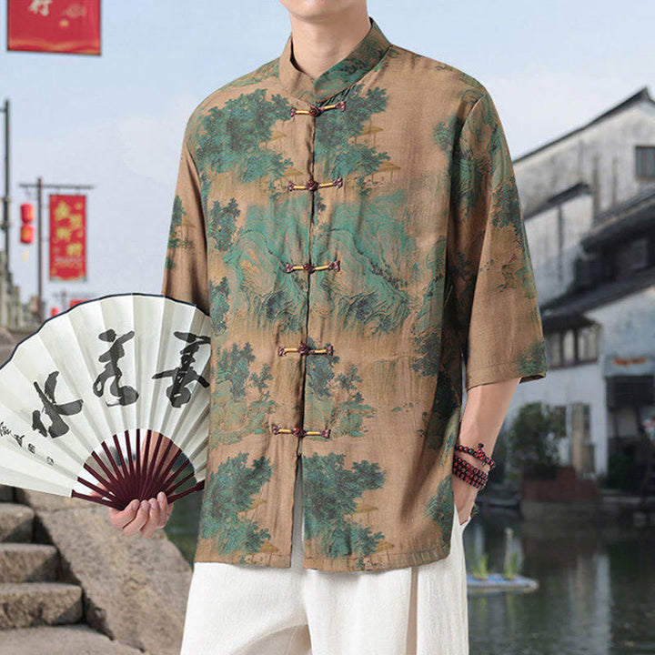 Buddha Stones、龍、吉兆の雲、緑の山々、中国のカエルボタンのメンズ半袖コットンリネンシャツ