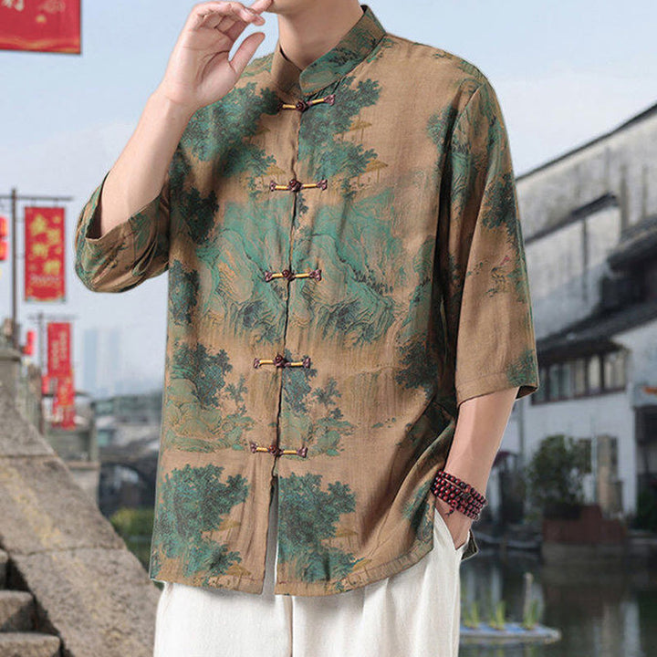 Buddha Stones、龍、吉兆の雲、緑の山々、中国のカエルボタンのメンズ半袖コットンリネンシャツ