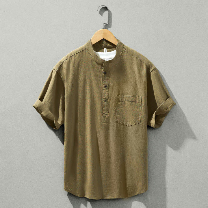 Buddha Stonesサマーソリッド メンズ ハーフボタン 半袖 コットンシャツ