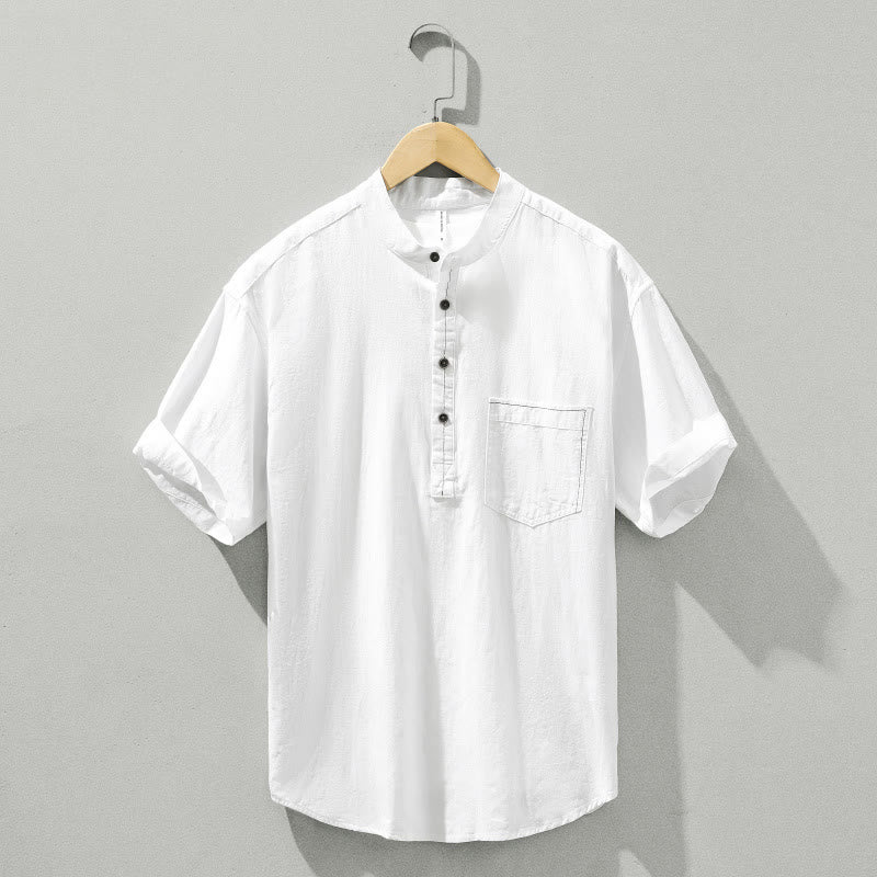 Buddha Stonesサマーソリッド メンズ ハーフボタン 半袖 コットンシャツ - 白 - US/UK/AU42、 EU52 (3XL) - image 15