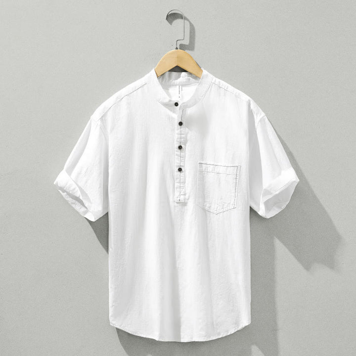 Buddha Stonesサマーソリッド メンズ ハーフボタン 半袖 コットンシャツ