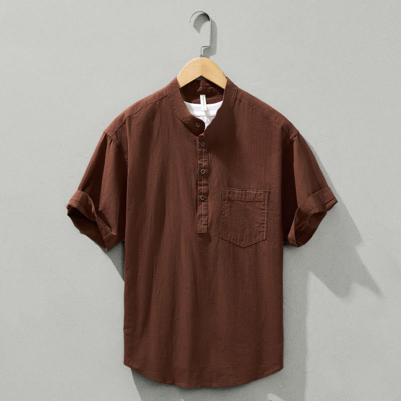 Buddha Stonesサマーソリッド メンズ ハーフボタン 半袖 コットンシャツ