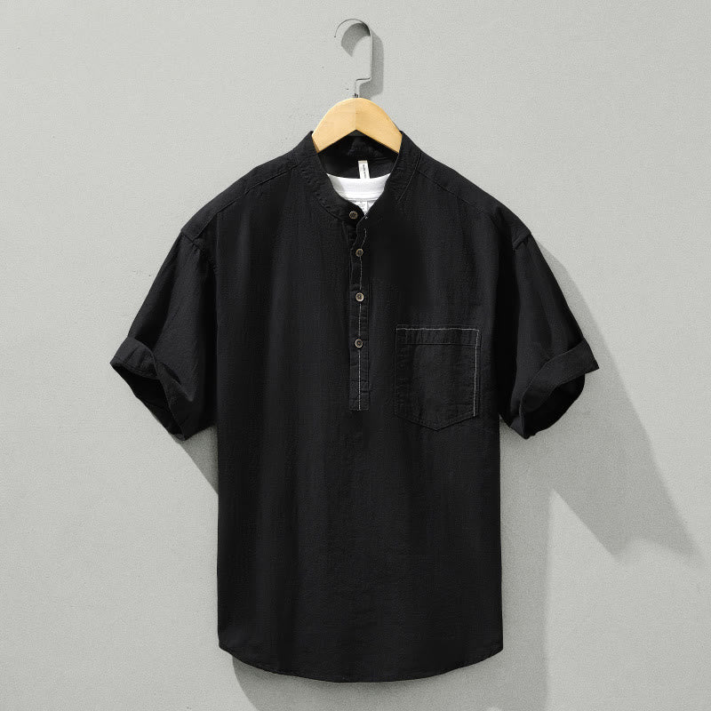Buddha Stonesサマーソリッド メンズ ハーフボタン 半袖 コットンシャツ