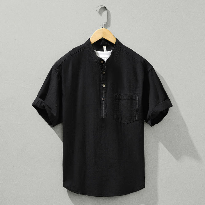 Buddha Stonesサマーソリッド メンズ ハーフボタン 半袖 コットンシャツ