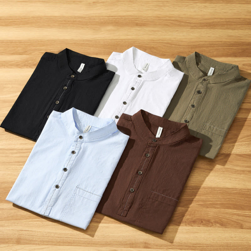 Buddha Stonesサマーソリッド メンズ ハーフボタン 半袖 コットンシャツ