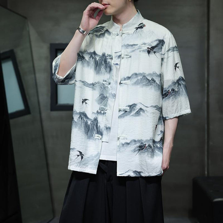 Buddha Stones水墨画 山 中国風 カエルボタン 唐装 メンズ 半袖 コットン リネン シャツ - image 8