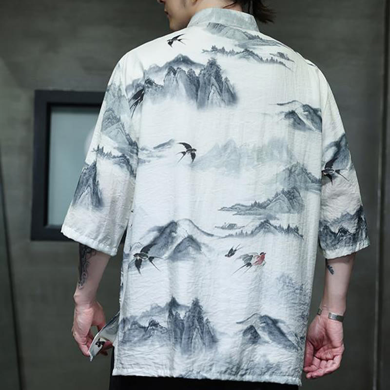 Buddha Stones水墨画 山 中国風 カエルボタン 唐装 メンズ 半袖 コットン リネン シャツ