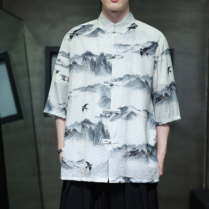 Buddha Stones水墨画 山 中国風 カエルボタン 唐装 メンズ 半袖 コットン リネン シャツ - image 7