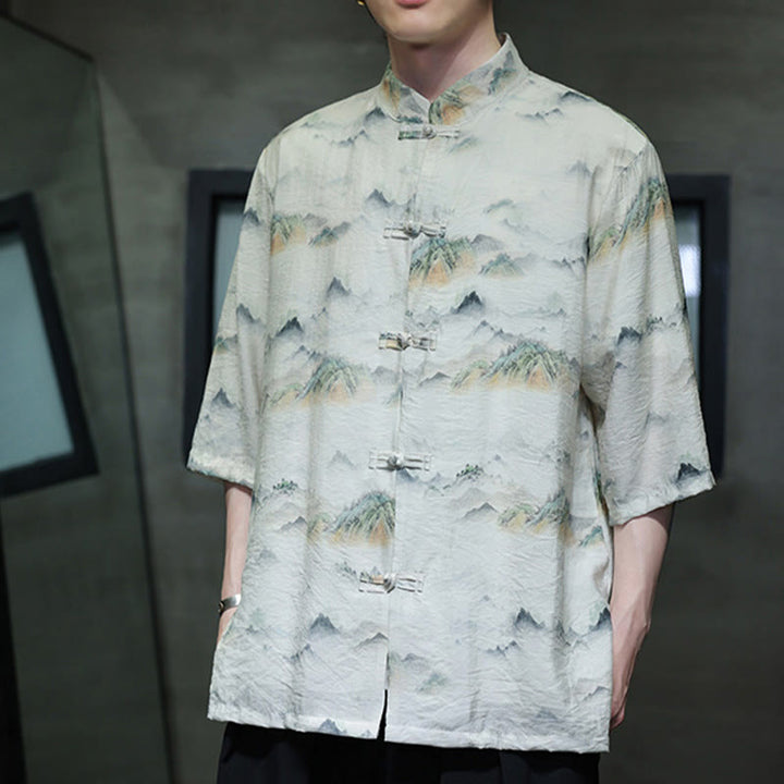 Buddha Stones水墨画 山 中国風 カエルボタン 唐装 メンズ 半袖 コットン リネン シャツ - image 16