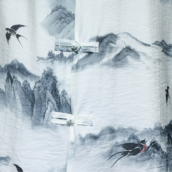 Buddha Stones水墨画 山 中国風 カエルボタン 唐装 メンズ 半袖 コットン リネン シャツ - image 12