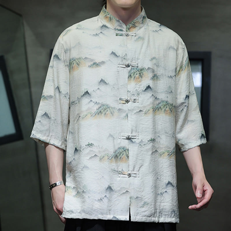 Buddha Stones水墨画 山 中国風 カエルボタン 唐装 メンズ 半袖 コットン リネン シャツ - image 15