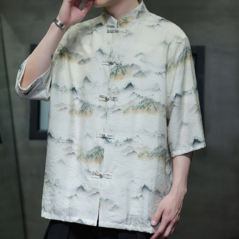 Buddha Stones水墨画 山 中国風 カエルボタン 唐装 メンズ 半袖 コットン リネン シャツ - image 18