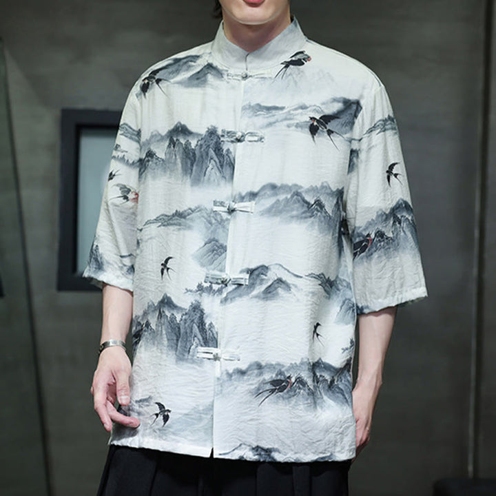 Buddha Stones水墨画 山 中国風 カエルボタン 唐装 メンズ 半袖 コットン リネン シャツ - image 4
