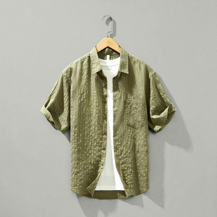 Buddha Stones夏用 無地 通気性 メンズ ボタン 半袖 テンセルシャツ - ダークカーキ - US/UK/AU42、 EU52 (3XL) - image 0