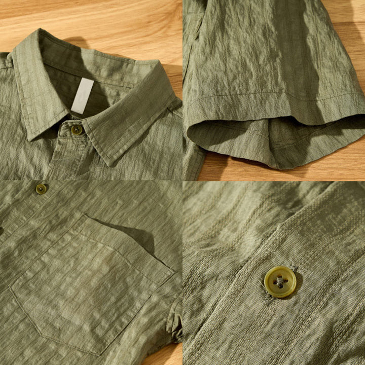Buddha Stones夏用 無地 通気性 メンズ ボタン 半袖 テンセルシャツ - image 4